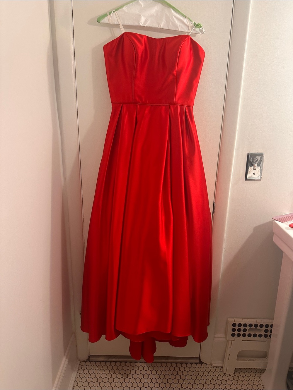 Betsy & Adam Strapless Red Satin A-Line Gown